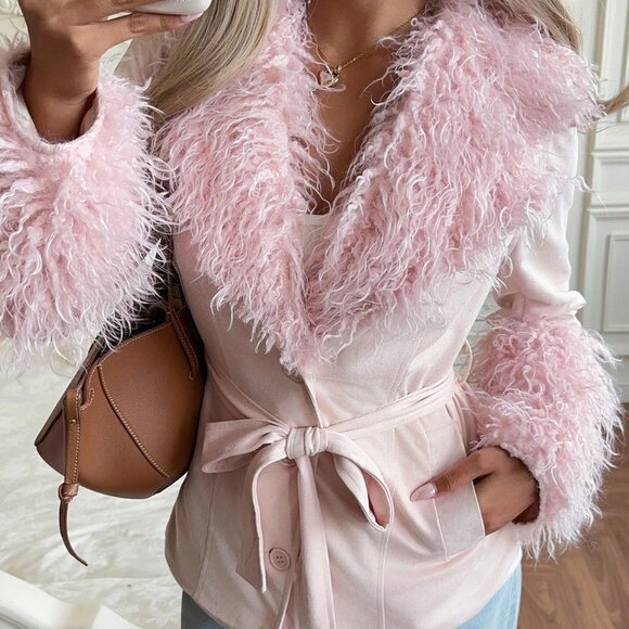Pink Plush Women's Long Sleeve Single-Breasted Suede Jacket with Fur Collar - Picture 4 of 5